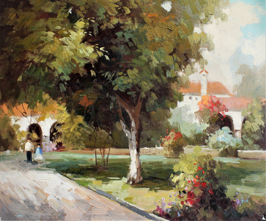 Deux personnages marchant sur un chemin de jardin