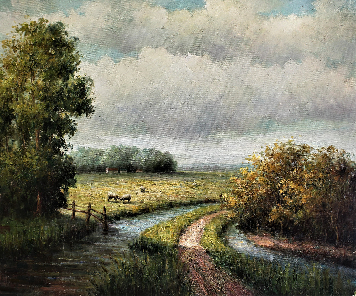 Terrain agricole avec petit sentier et pâturage de moutons