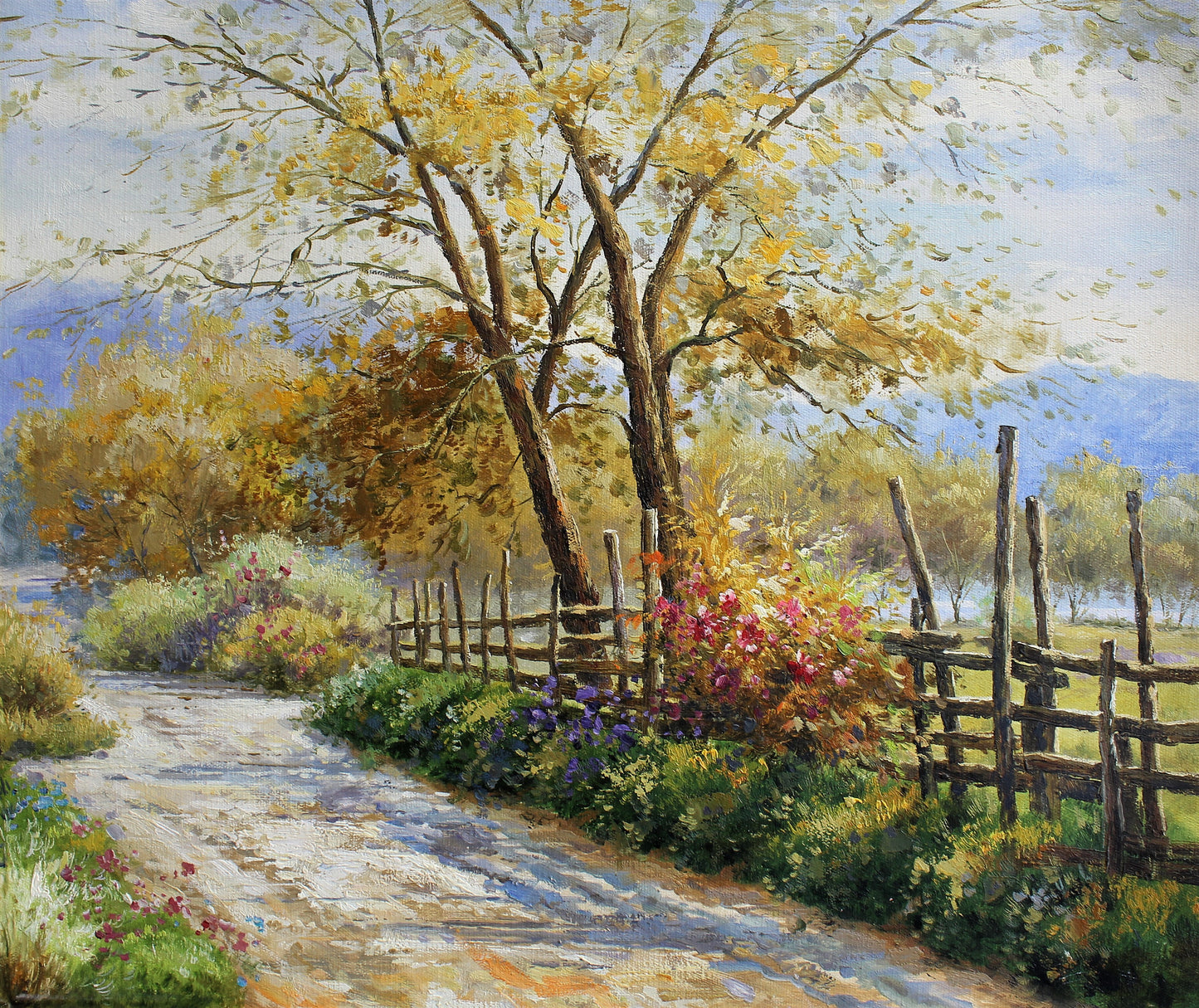 Chemin de terre avec clôture en bois et arbres