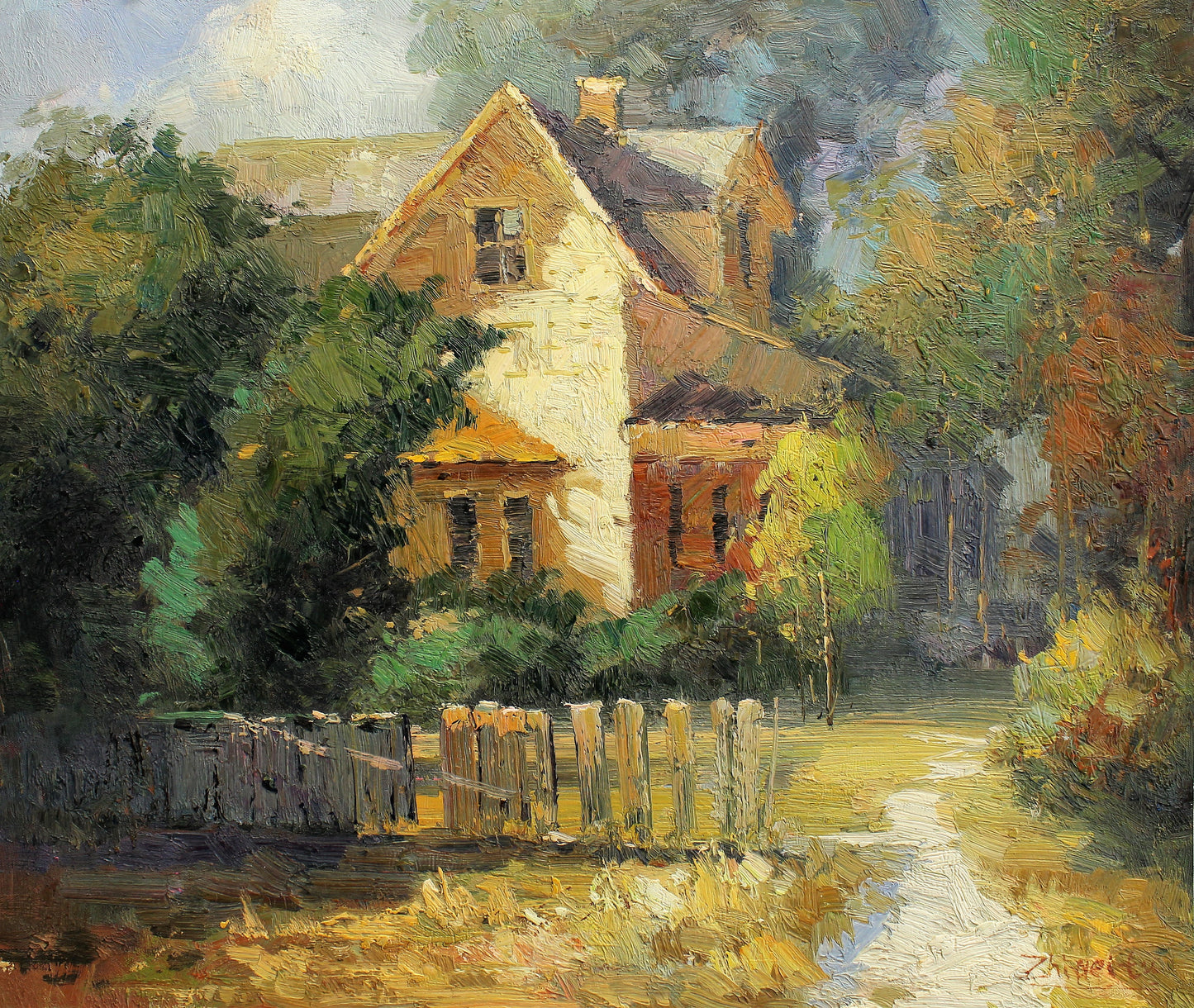 Chemin vers une maison ensoleillée et des arbres