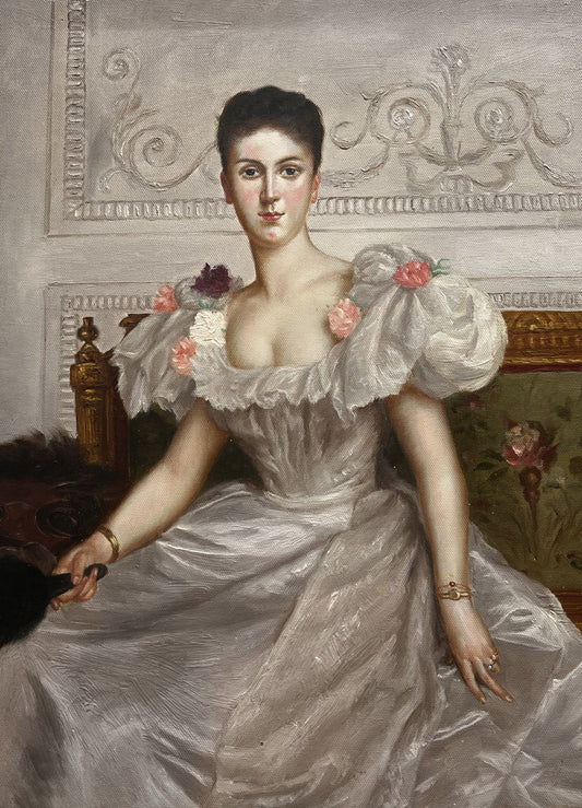 Woman in gray gown with pink flowers