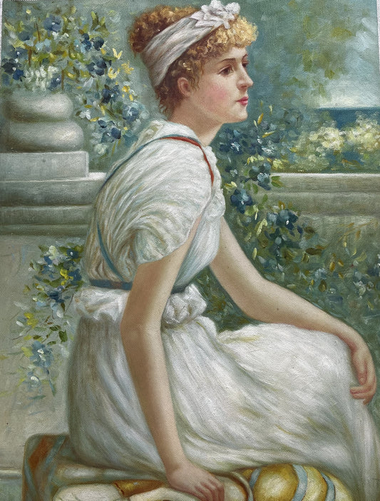 Blonde woman sitting on outdoor porch