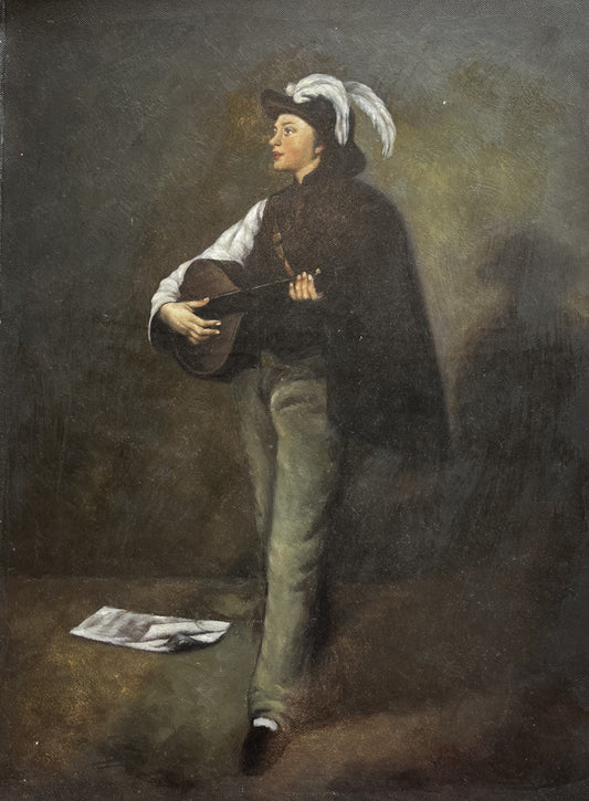 Man playing instrument with feathered hat