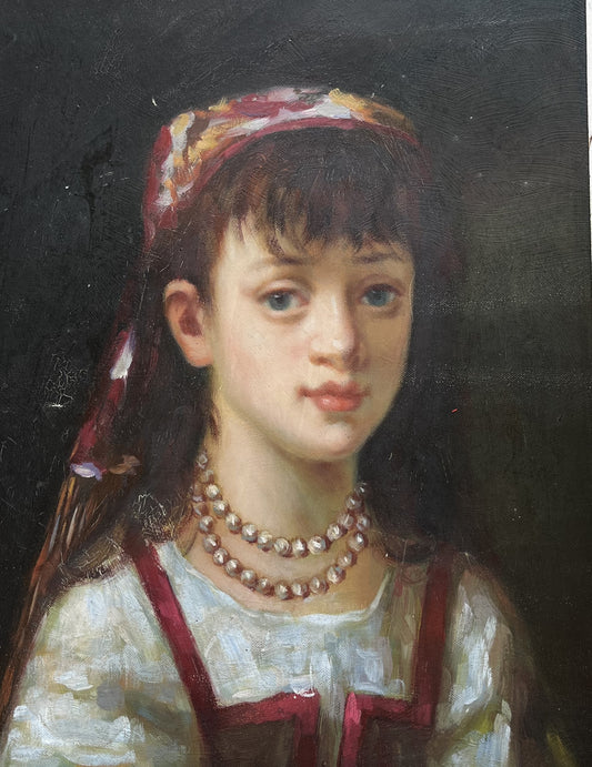 Young girl with hair scarf and pearl necklace