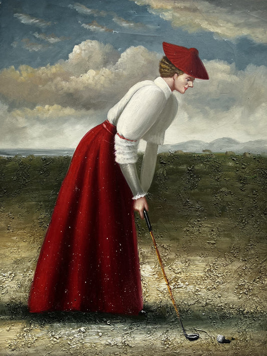 Woman playing golf with red hat