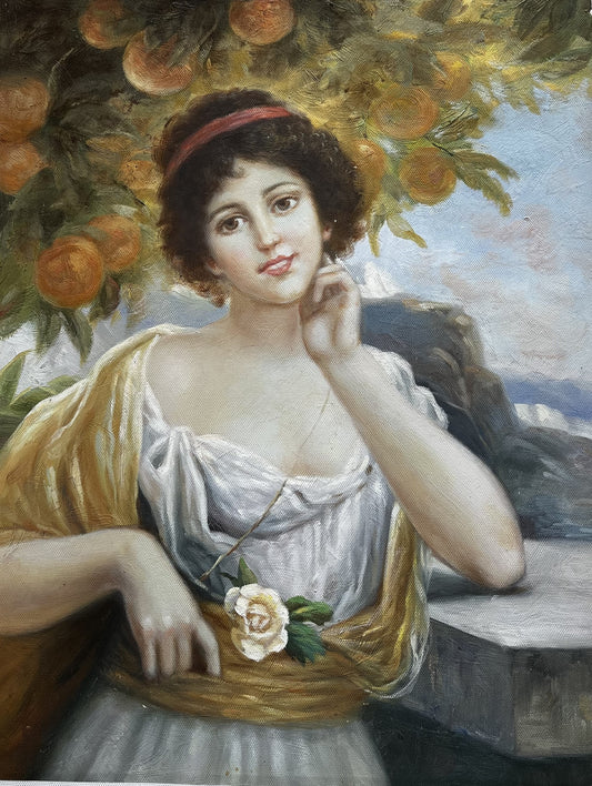 Brunette woman smiling under orange tree