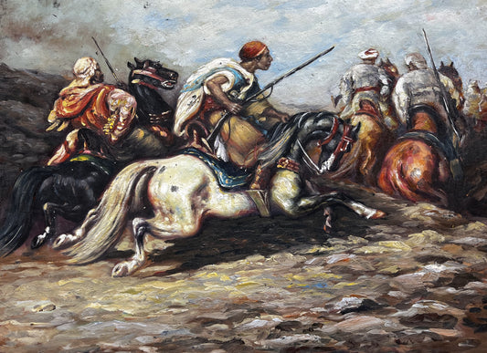 Men with guns on running horses