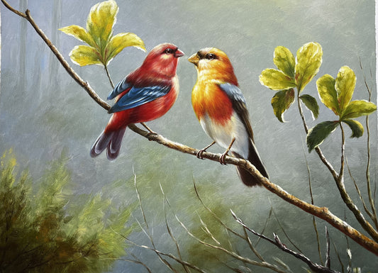 Two birds meeting on a branch