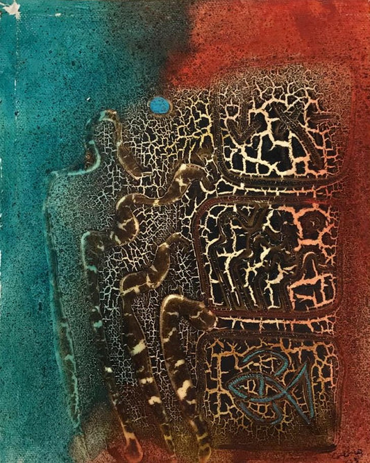 Teal and red abstract painting