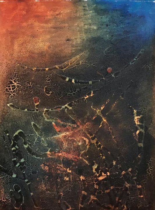 Dark blue, orange and brown abstract painting