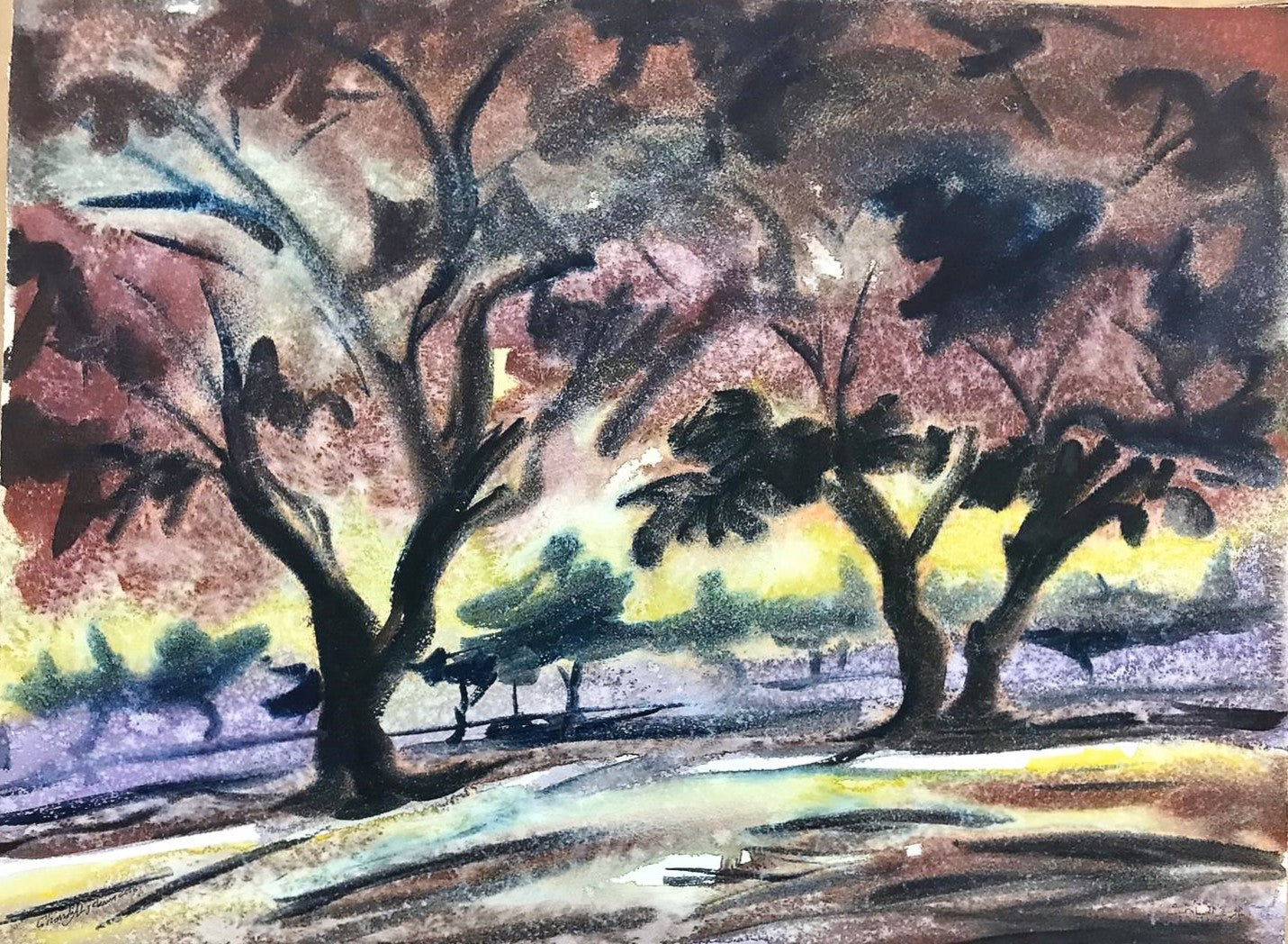 Paysage en violet, jaune et rouge