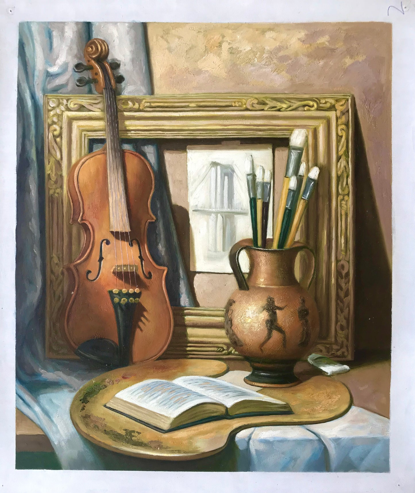 Nature morte d'un violon, d'un livre, de pinceaux et d'une palette