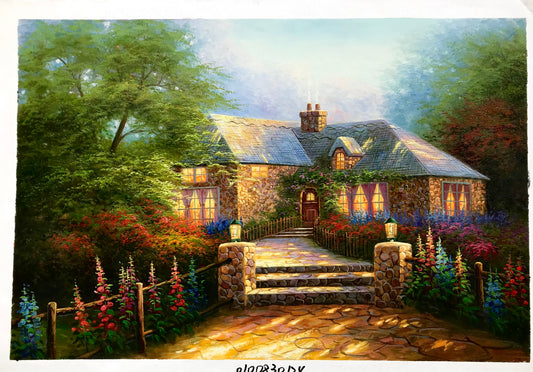 Chemin à travers un jardin vers un cottage chaleureux